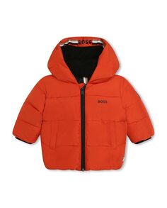 Пуховик для мальчика с капюшоном и застежкой-молнией BOSS Kidswear, оранжевый