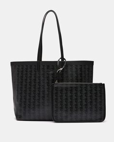 Черная сумка-шоппер из ламинированного хлопка с контрастным принтом-логотипом Lacoste, черный