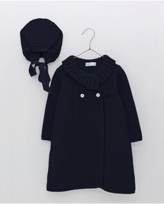 Вязаное пальто для девочки с капюшоном в тон темно-синего цвета Foque, темно-синий