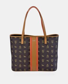 Темно-коричневая сумка-шопер из холщовой ткани с логотипами и деталями светло-коричневого цвета El Caballo, темно коричневый