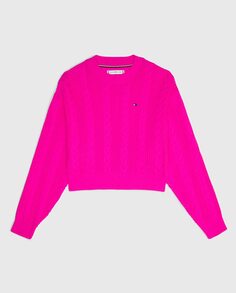 Укороченный свитер косой вязки для девочки с круглым вырезом Tommy Hilfiger, розовый