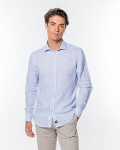 Узкая мужская льняная рубашка голубого цвета в полоску Wickett Jones, светло-синий
