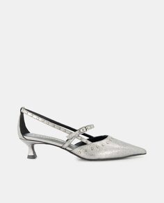 Женские кожаные туфли с открытой пяткой, браслетом с заклепками и каблуком-воронкой Latouche, серебро