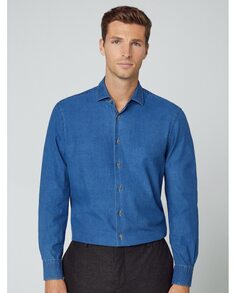 Классическая однотонная мужская джинсовая рубашка синего цвета Hackett, синий