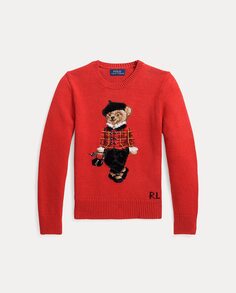 Хлопковый свитер для девочки с мишкой-поло Polo Ralph Lauren, красный