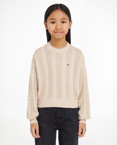 Укороченный свитер косой вязки для девочки с круглым вырезом Tommy Hilfiger