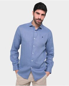 Однотонная узкая мужская льняная рубашка синего цвета индиго Valecuatro, индиго