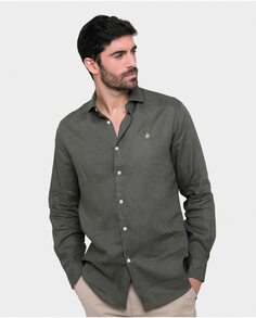 Однотонная приталенная мужская льняная рубашка цвета хаки Valecuatro
