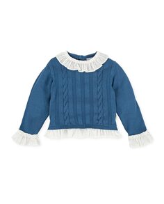 Синий свитер для девочки с контрастными рюшами и аппликациями Tutto Piccolo, синий