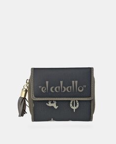 Маленький кошелек из кожи и холста черного цвета с зелеными деталями El Caballo, мультиколор
