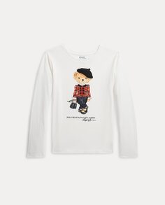 Хлопковая футболка для девочки с мишкой-поло Polo Ralph Lauren, кремовый