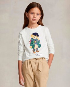 Хлопковая футболка для девочки с мишкой-поло Polo Ralph Lauren, белый