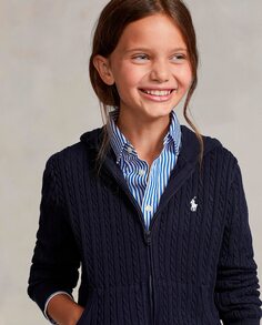 Кардиган косой вязки для девочки с капюшоном Polo Ralph Lauren, темно-синий