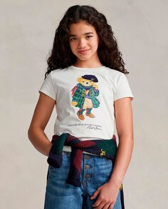 Хлопковая футболка для девочки с мишкой-поло Polo Ralph Lauren, белый