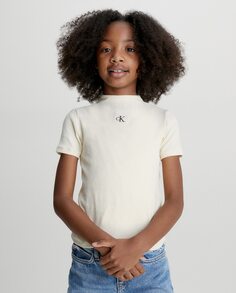 Футболка цвета слоновой кости для девушки с короткими рукавами Calvin Klein, кремовый