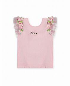 Розовая футболка для девочки с рюшами на рукавах Pan con Chocolate, розовый