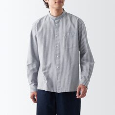 Стираная оксфордская рубашка с воротником-стойкой и длинными рукавами MUJI, темно-синяя полоса