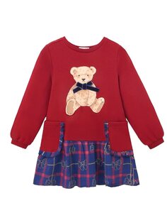 Бордовое плюшевое платье для девочки с медвежьим принтом и клетками Dadati, красный