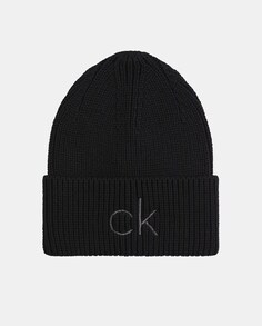 Черная вязаная шапка с фирменными деталями Calvin Klein, черный
