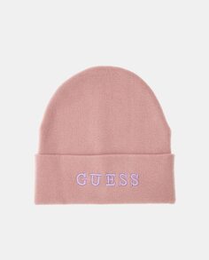Розовая вязаная шапка с вышитым логотипом Guess, розовый