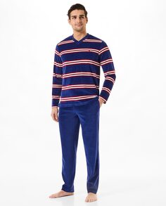 Мужская длинная бархатная пижама с полосатым принтом Lohe, синий