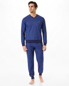 Длинная мужская трикотажная пижама с принтом в микро горошек Lohe, синий