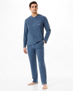 Длинная однотонная мужская пижама с V-образным вырезом Lohe, синий