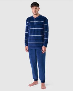 Мужская длинная зимняя пижама премиум-класса из синего бархата El Búho Nocturno, синий