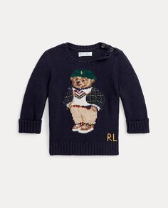 Хлопковый свитер для мальчика с мишкой-поло Polo Ralph Lauren, темно-синий