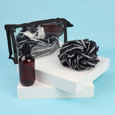 Набор для душа, в косметичке, 2 предмета (мочалка, бутылочка 150 мл), цвет черный NO Brand