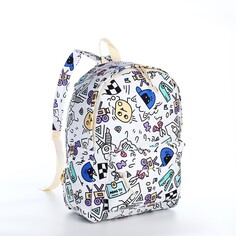 Рюкзак школьный из текстиля на молнии, 3 кармана, цвет белый/разноцветный NO Brand