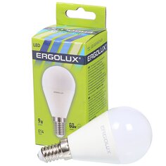 Лампа светодиодная E14, 9 Вт, 80 Вт, 220 В, шар, 3000 К, свет теплый белый, Ergolux