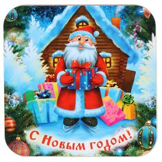 Подставка под горячее, дерево, квадратная, 14.5 см, НГ 2024, Дед Мороз с подарком, В-56