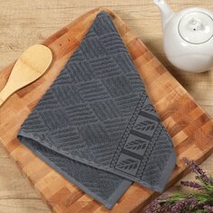 Полотенце кухонное махровое, 30х50 см, 450 г/м2, 100% хлопок, Barkas, Листопад, темно-серое, Узбекистан