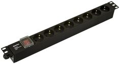 Блок розеток 19", 8 розеток Hyperline SHE19-8SH-S-CB горизонтальный, Schuko, выключатель с подсветкой, без кабеля питания, клеммная колодка 16A, 250В,