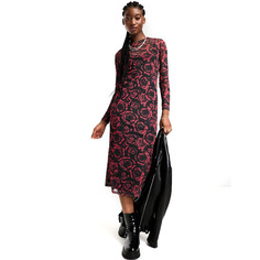 Платье New Look Rose Print Sheer Long Sleeve Midi, черный/розовый