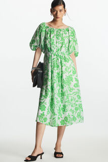 Платье с открытыми плечами с цветочным принтом, ярко-зеленый / белый COS