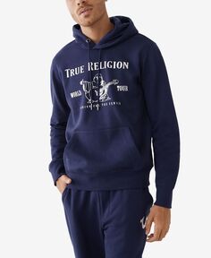 Мужской пуловер с металлическим принтом будды и капюшоном на шнурке True Religion, синий