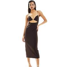 Платье Asos Design Midi With Under Bust Cut Out And Strappy Back, темно-коричневый