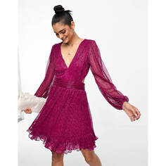 Платье Forever New Sheer Sleeve Plisse Mini, розовый металлик