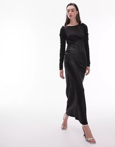 Платье Topshop Long Sleeve Satin And Jersey Maxi, черный