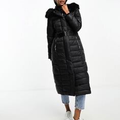 Куртка River Island Maxi Belted Puffer With Faux Fur, черный
