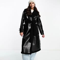 Пальто Miss Selfridge Vinyl Borg Belted M axi, черный