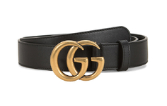 Кожаный ремень с латунной пряжкой Gucci Double G, античная латунная пряжка, ширина 1, черный