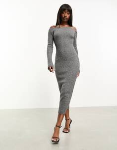 Платье макси Asos Design Knitted Off Shoulder, серый