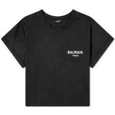 Укороченная футболка с логотипом Balmain из флока, черный