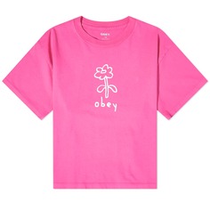 Укороченная футболка Obey с мультяшным цветком и тяжелым принтом, фуксия