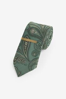 Галстук и зажим для галстука Светло-зеленый узор пейсли Next, зеленый