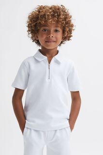 Текстурная рубашка-поло Creed с облегающим кроем и воротником на молнии Reiss, белый