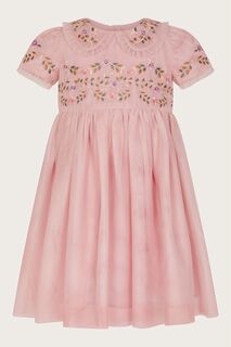 Розовое детское платье из фатина с вышивкой и воротником Monsoon, розовый